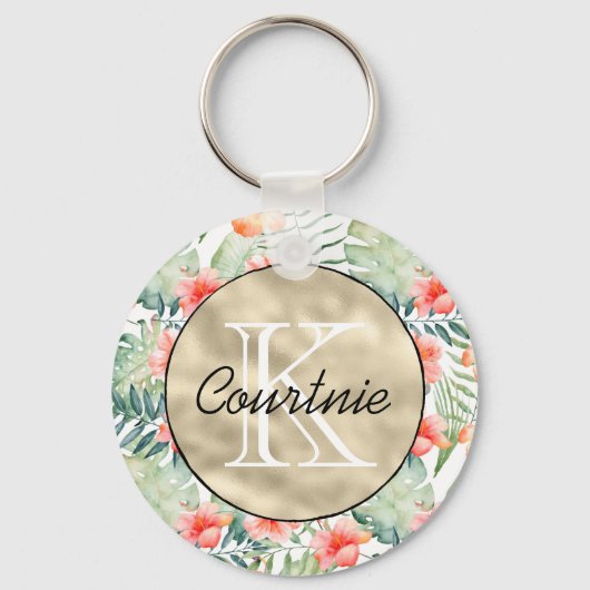 Tropenrosa Hibiskus Floral Gold Monogramm Schlüsselanhänger (Vorderseite)