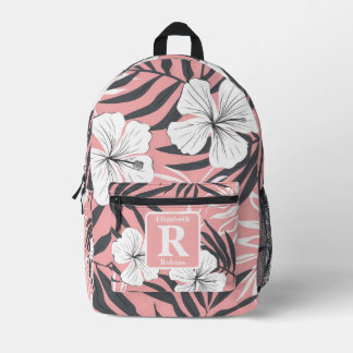 Tropenrosa Hibiskus personalisiert Monogramm Bedruckter Rucksack