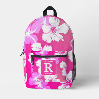 Tropenrosa Hibiskus personalisiert Monogramm Bedruckter Rucksack