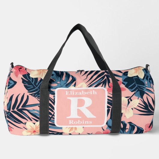 Tropenrosa Hibiskus personalisiert Monogramm Duffle Bag (Vorderseite)