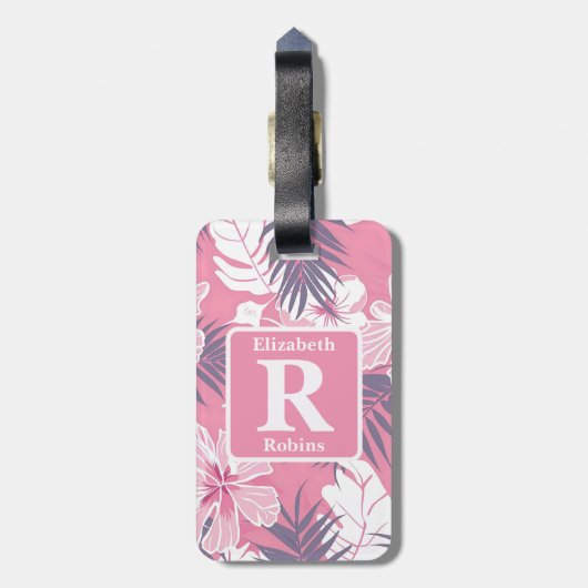 Tropenrosa Hibiskus personalisiert Monogramm Gepäckanhänger (Rückseite vertikal)