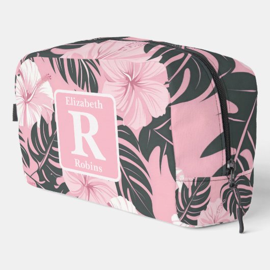 Tropenrosa Hibiskus personalisiert Monogramm Waschbeutel (Rechte Ecke)