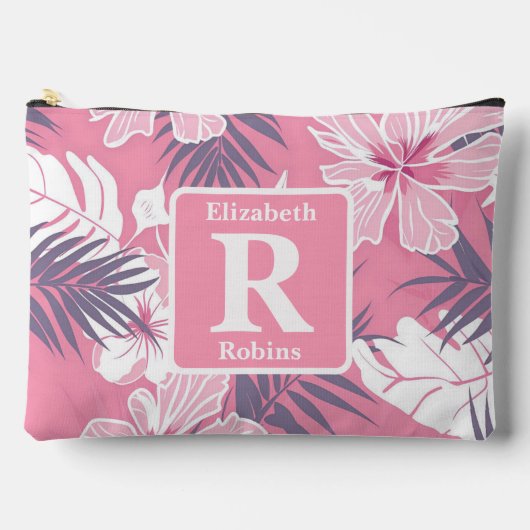 Tropenrosa Hibiskus personalisiert Monogramm Zubehörtasche (Vorderseite)