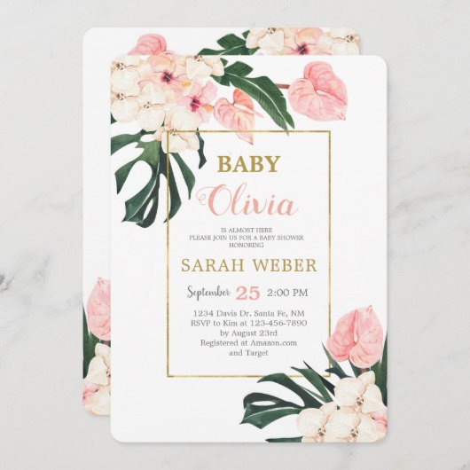 Tropenrosa Mädchendusche Einladung (Vorne/Hinten)