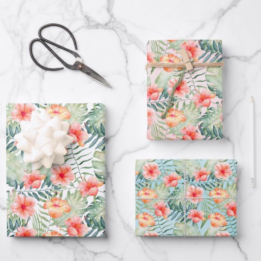 Tropenrosa Pfirsichpfirsiche Hibiskus Floral   Geschenkpapier Set (Vorderseite)