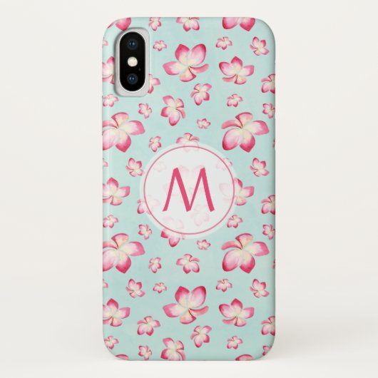 Tropenrosa Plumeria Wasserfarbenmonogramm Case-Mate iPhone Hülle (Rückseite)