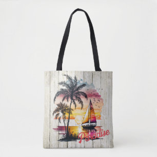 Tropenrosa Sonnenuntergang Sailboat Palms Tasche