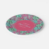 Tropenrosa und grünes Brautparty Pappteller (Schrägansicht)