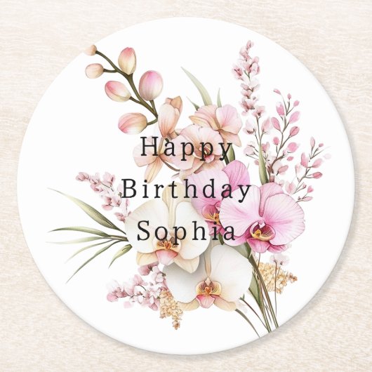 Tropenrosa Weiße Orchideen Blume Geburtstag Runder Pappuntersetzer (Vorderseite)