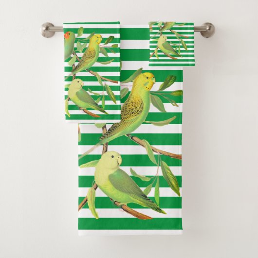 Tropenvögel in grünen, weißen Streifen - mit Monog Badhandtuch Set (Insitu)