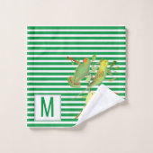 Tropenvögel in grünen, weißen Streifen - mit Monog Badhandtuch Set (Waschlappen)