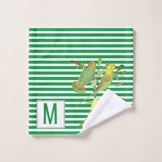 Tropenvögel in grünen, weißen Streifen - mit Monog Badhandtuch Set (Waschlappen)