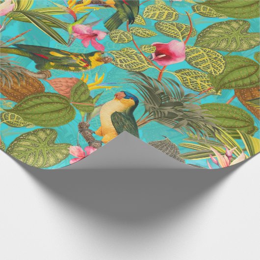 Tropenvögel und Blume im Dschungelmuster - aquamar Geschenkpapier (Ecke)