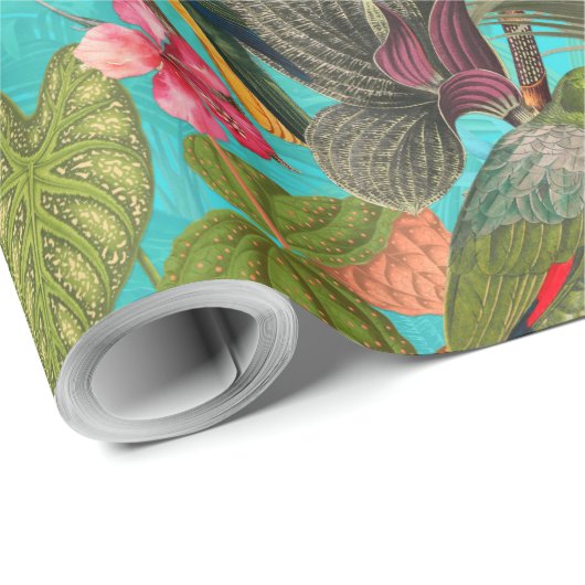 Tropenvögel und Blume im Dschungelmuster - aquamar Geschenkpapier (Rolleneckpunkt)