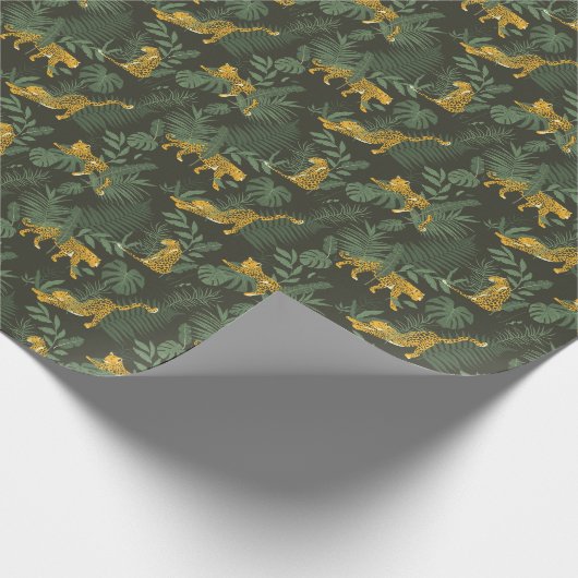 Tropenwaldleopard, dunkelgrünes Muster Geschenkpapier (Ecke)