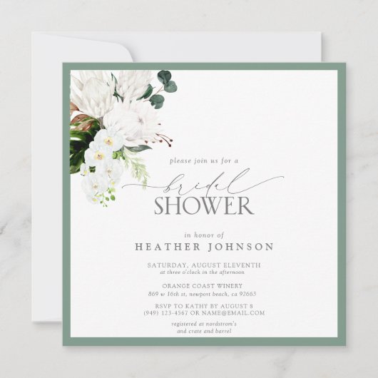 Tropenweißes und grünes Brautparty Einladung (Vorderseite)