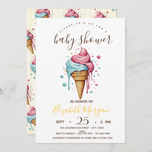 Tropfeis, gelbe Streifen Babydusche Einladung (Vorne/Hinten)