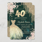 Tropfen aus Gold-Glitzer, Kleid, Blumengrün, 40. G Einladung (Vorne/Hinten)