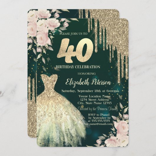 Tropfen aus Gold-Glitzer, Kleid, Blumengrün, 40. G Einladung (Vorne/Hinten)