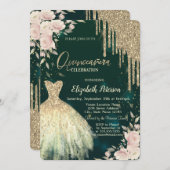 Tropfen aus Gold, Glitzer, Kleid, Blumengrün, Quin Einladung (Vorne/Hinten)