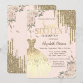 Tropfen aus Gold, Kleid, Blumencreme, süß 16 Einladung (Vorne/Hinten)