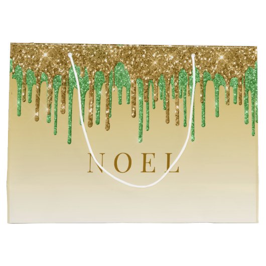 Tropfen aus Gold und grünem Glitzer Große Geschenktüte (Rückseite)