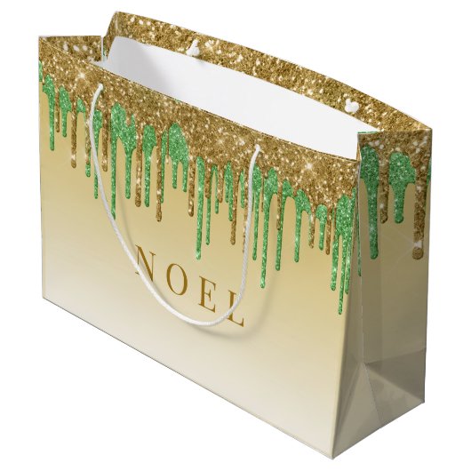 Tropfen aus Gold und grünem Glitzer Große Geschenktüte (Rückseite Schrägansicht)
