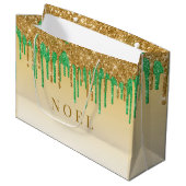 Tropfen aus Gold und grünem Glitzer Große Geschenktüte (Vorderseite Schrägansicht)