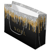 Tropfen aus Gold und Silber und Glitzer Große Geschenktüte (Vorderseite Schrägansicht)