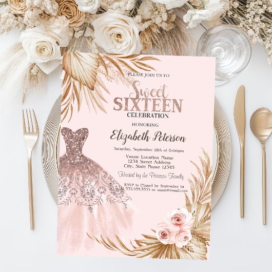 Tropfen aus hübschem Glitzer, Kleid, Pampas, Rosa Einladung