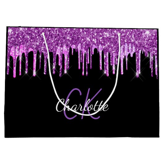 Tropfen aus lila Glitzer, schwarz-rosa Monogramm-F Große Geschenktüte (Rückseite)