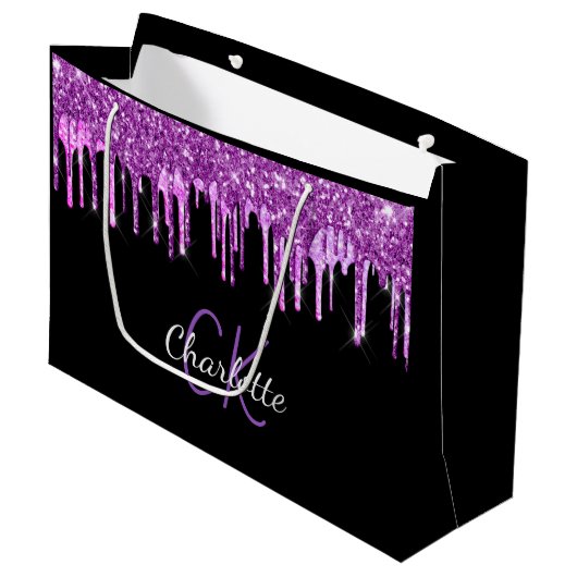 Tropfen aus lila Glitzer, schwarz-rosa Monogramm-F Große Geschenktüte (Vorderseite Schrägansicht)
