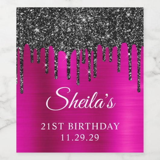 Tropfen aus schwarzem Glitzer Heiß rosa Glam 21. G Weinetikett (Einzelnes Label)