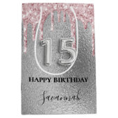 Tropfen aus Silberblättern, rosa Monogramm Mittlere Geschenktüte (Vorderseite)