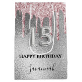 Tropfen aus Silberblättern, rosa Monogramm Mittlere Geschenktüte (Rückseite)