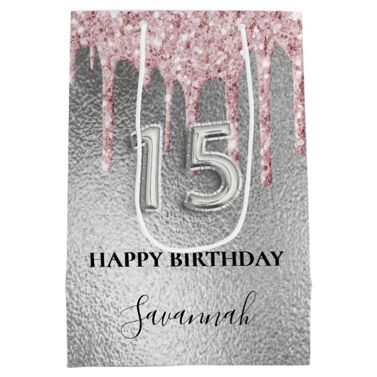 Tropfen aus Silberblättern, rosa Monogramm Mittlere Geschenktüte (Rückseite)