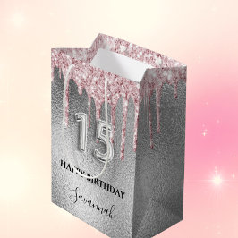 Tropfen aus Silberblättern, rosa Monogramm Mittlere Geschenktüte