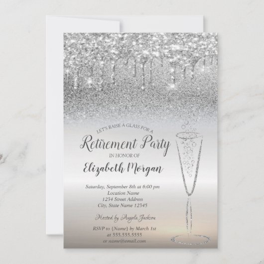Tropfen aus Weinglas Silver Glitzer Bokeh Pensioni Einladung (Vorderseite)