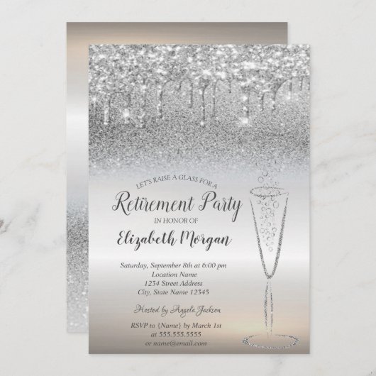 Tropfen aus Weinglas Silver Glitzer Bokeh Pensioni Einladung (Vorne/Hinten)