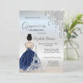 Tropfen, Blauer Kleid Girl Eiffel Tower Quinceñera Einladung (Stehend Vorderseite)