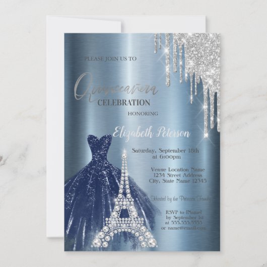 Tropfen, blaues Kleid, Eiffel Metallic Quinceañera Einladung (Vorderseite)