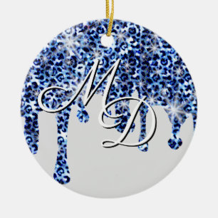 Tropfen Blue Cheetah Glitzern Monogram Keramik Ornament