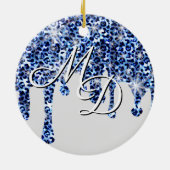 Tropfen Blue Cheetah Glitzern Monogram Keramik Ornament (Hinten)