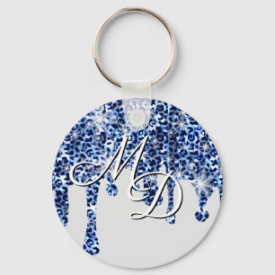 Tropfen Blue Cheetah Glitzern Monogram Schlüsselanhänger
