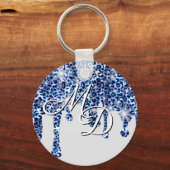 Tropfen Blue Cheetah Glitzern Monogram Schlüsselanhänger (Vorderseite)