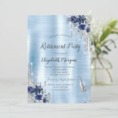 Tropfen, Blumen, blaue Metallversorgung Einladung (Stehend Vorderseite)