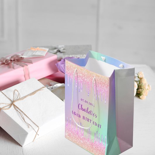 Tropfen des Glitzer des Vogelsregenbogens Rosa Mon Mittlere Geschenktüte