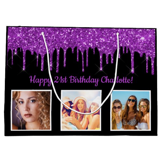 Tropfen des lila Glitzer Große Geschenktüte (Rückseite)