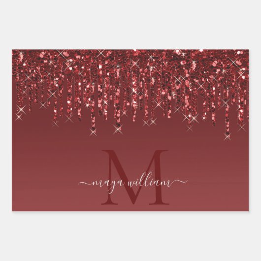 Tropfen des roten Glitzer Personalisiert Monogramm Geschenkpapier Set (Vorderseite 3)
