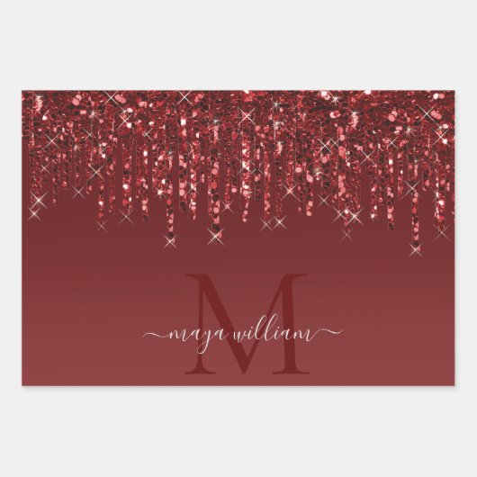 Tropfen des roten Glitzer Personalisiert Monogramm Geschenkpapier Set (Vorderseite 2)